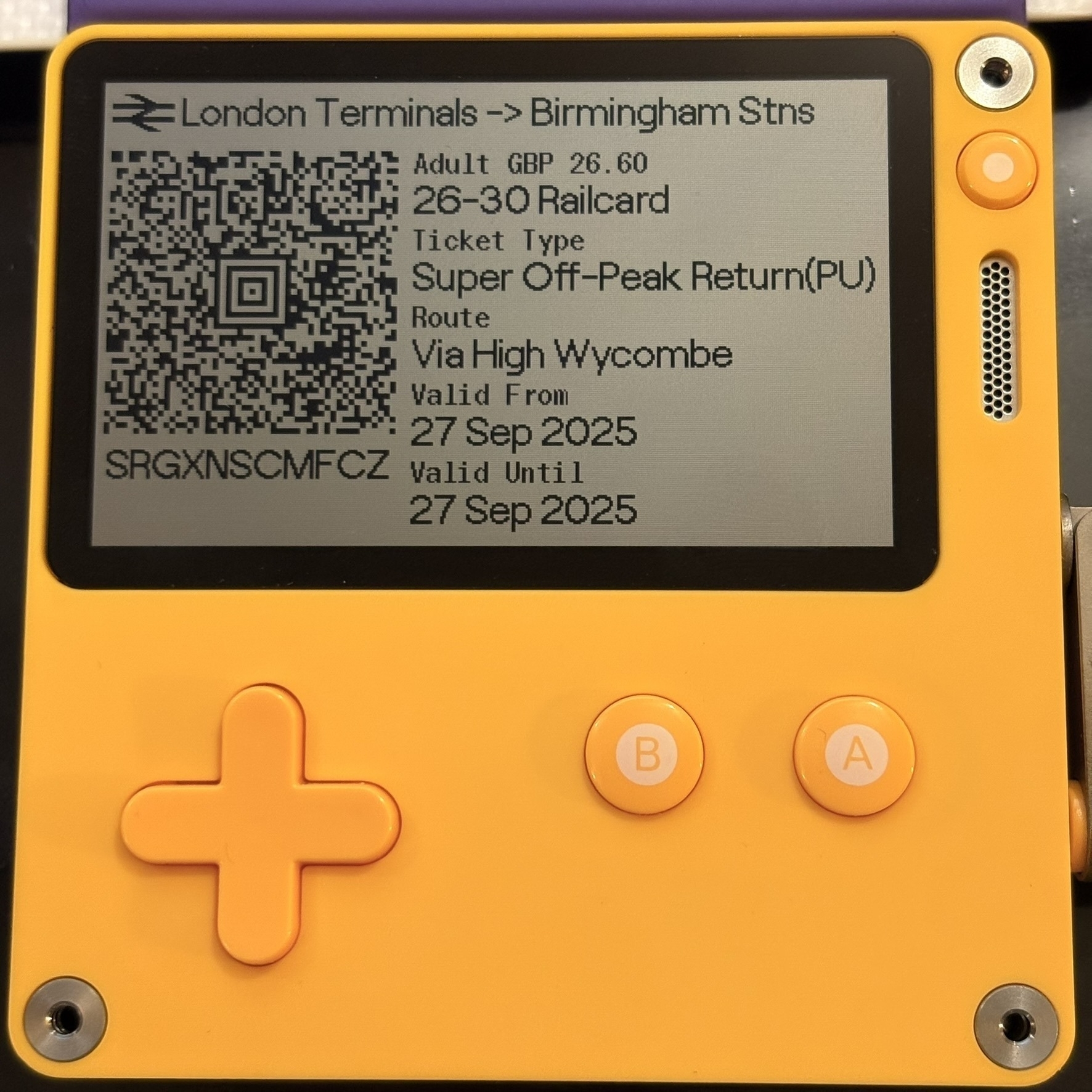 A Panic Playdate showing a UK Rail ticket for a journey from London to Birmingham. It has a barcode on the left and the ticket details on the right. &10;&10;Caption generated by AI, checked and heavily edited by human. 